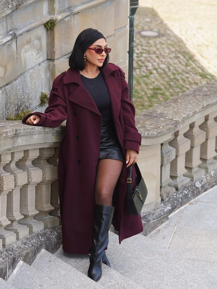 Elegant Wine Red With Belt Overcoat For Women Fashion Double Button Lapel Woolen Long Coat 2024 Autumn Lady Warm Streetwear