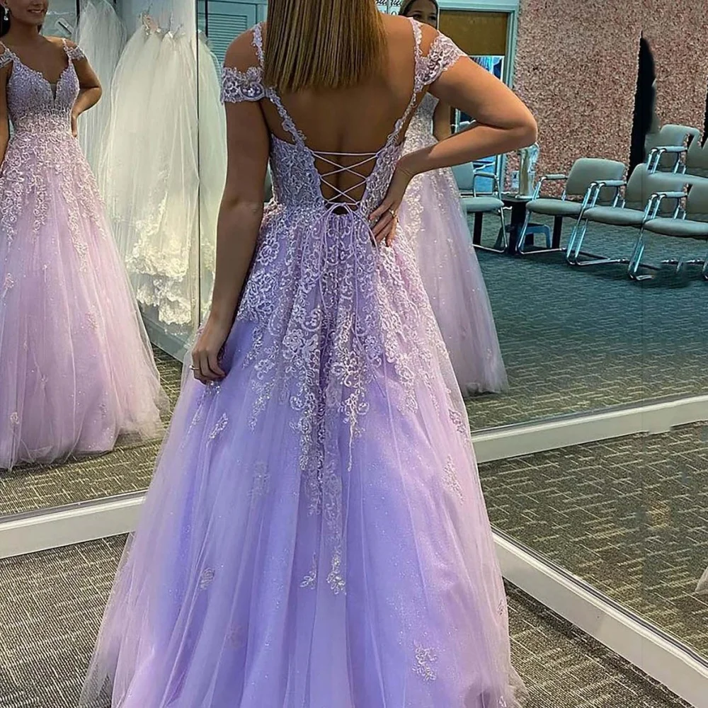 Customized Romantic Prom Dresses V Neck A Line Applique Party Gowns Spaghetti Straps Tulle Evening Dress New Vestidos De Novia