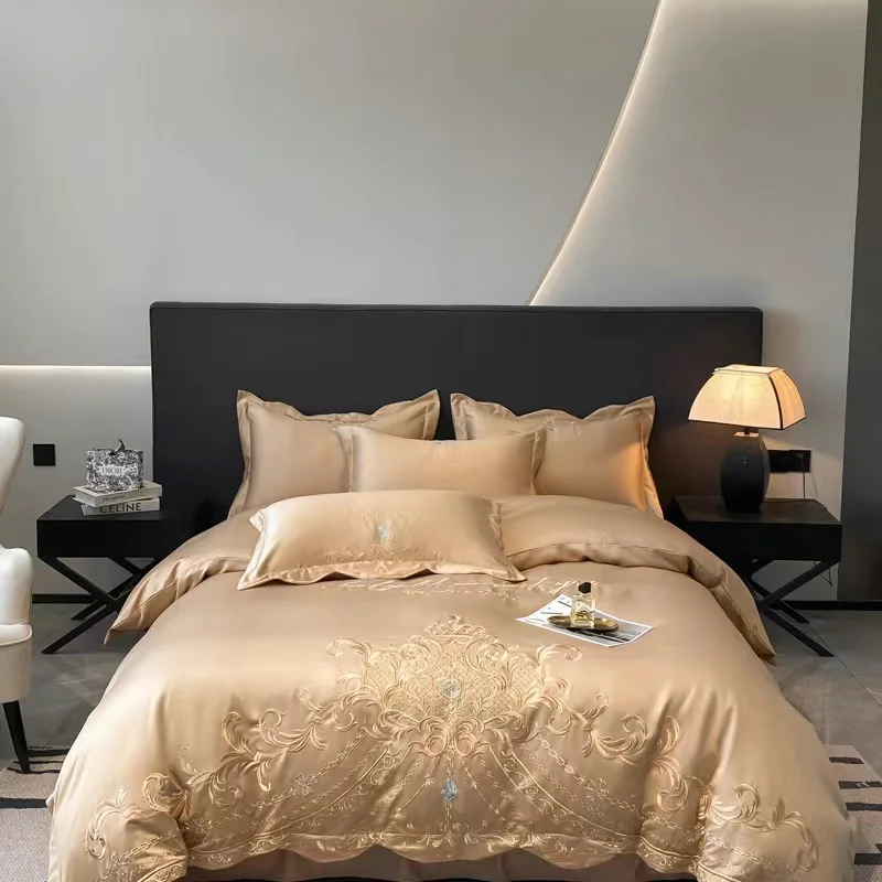 

Простыня из 100% хлопка премиум-качества с золотой вышивкой, наволочка Queen King Size, пододеяльник, домашний текстильный комплект постельного белья