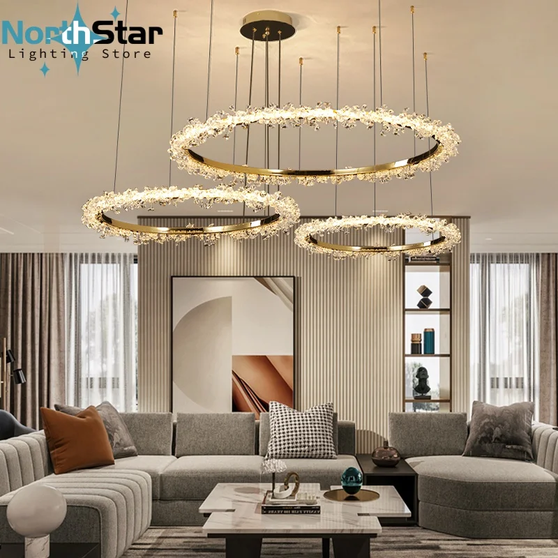 Nordic Luxury Led Crystal Ring Chandeliers for Living Dining Room Modern Minimalism Crystal Pendant Light Hanging Chandelier