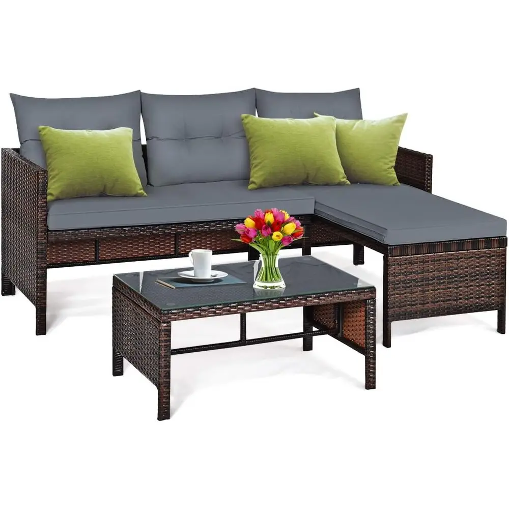 

3-Piece Grey Outdoor PE Rattan L-Shaped Sectional Sofa Set with Loveseat, Lounge and Tempered Glass Coffee Table