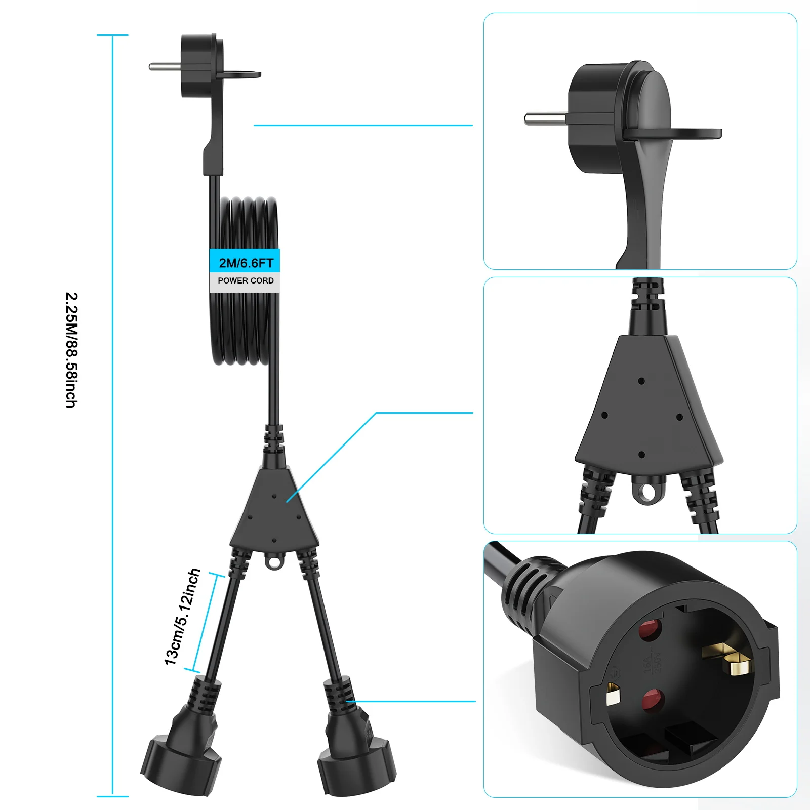 EU Straight/Pull Ring Plug Extension Cord Expansion Socket 4000W 16A 250V IP44 Suitable for Home/Outdoor/Industrial Use