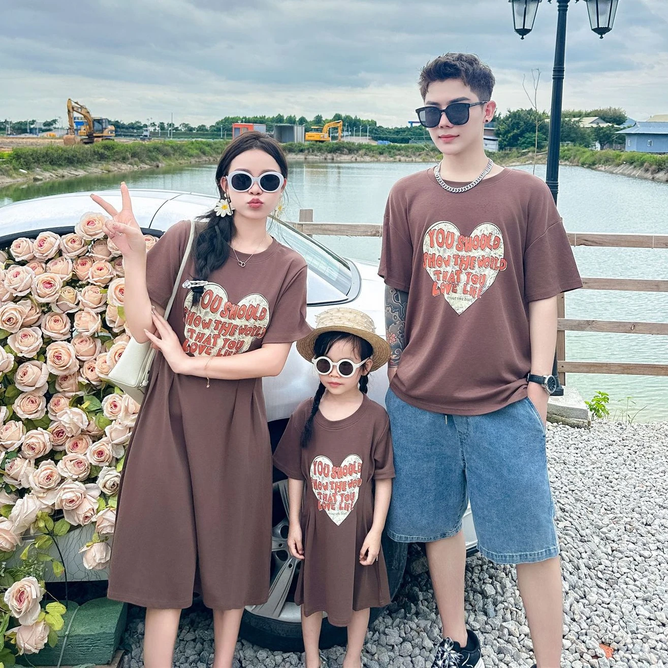 Family Look Clothes Fashion Korean Style Parent-child Matching Hearts Clothing Mother and Daughter Dress Father and Son T Shirts