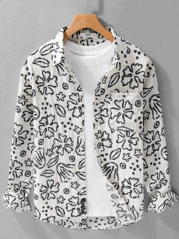 

Men's Long Sleeve Printed Shirt 2025 Spring Fashion Casual Wear Texture Artistic Design Lightweight Luxury Trendy Button up
