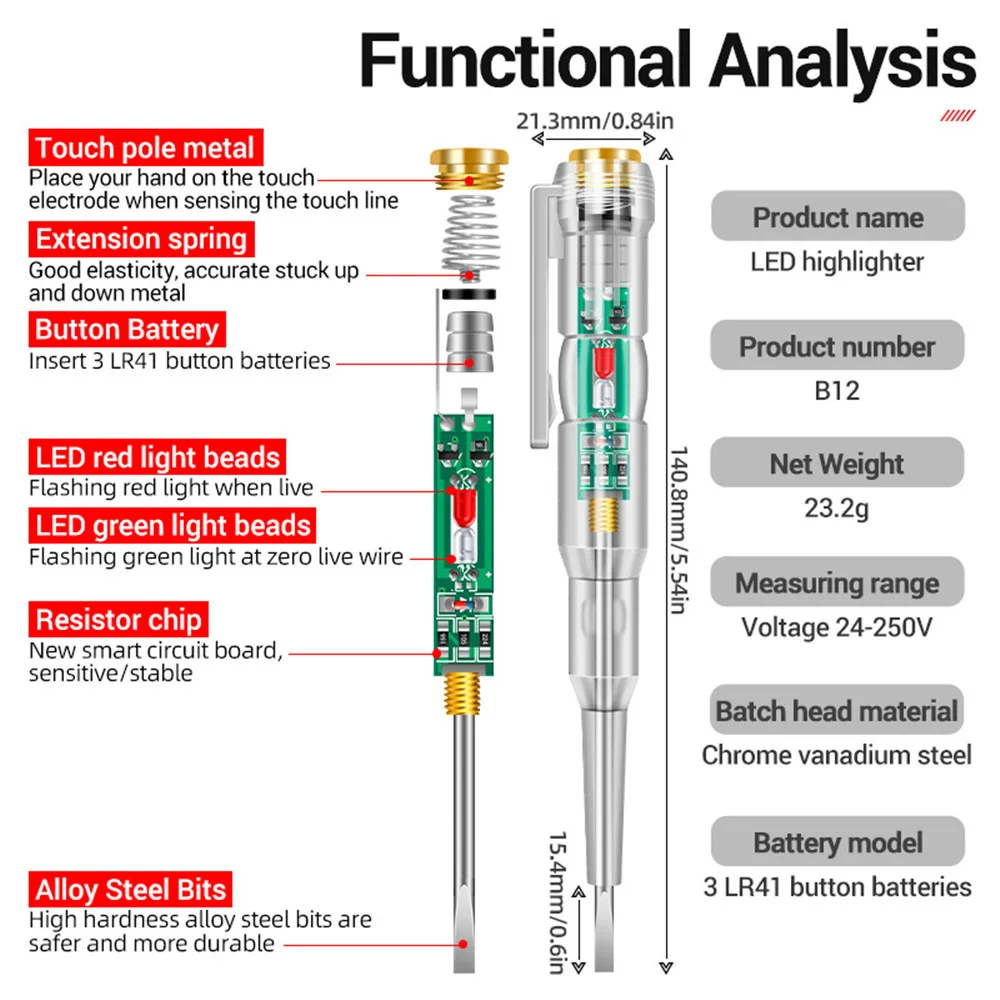 B14 24-250V Voltage Detector Pen Electric Induced Electric Screwdriver Probe with Indicator Light Sound Light Alarm Test Pen