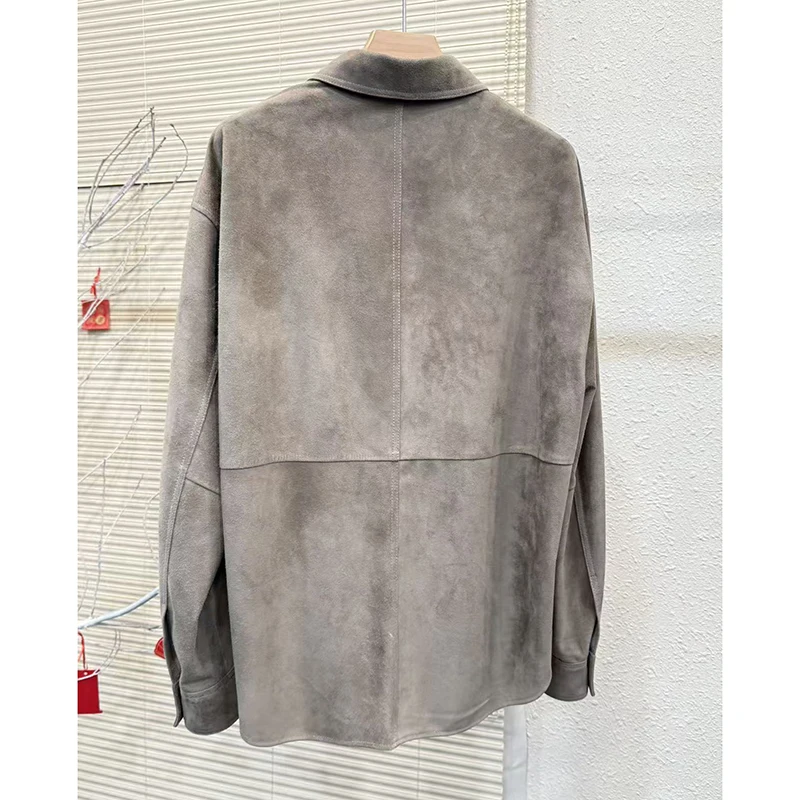 Echt Suède Jas Lente Herfst Mode Eenvoudige Casual Single Breasted Grijs/Koffie Schapenvacht Lange Mouwen Shirt Jas Vrouwelijke