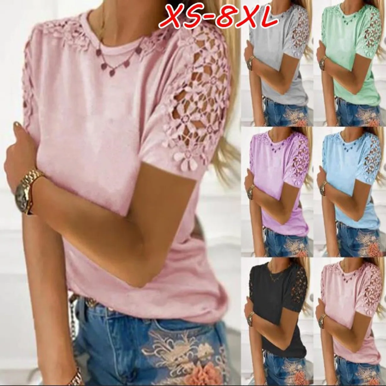 

2025 Summer Women's Short-sleeved T-shirt Flower Embroidery Spliced pink Top Black Summer O-neck Basic Tees for Female