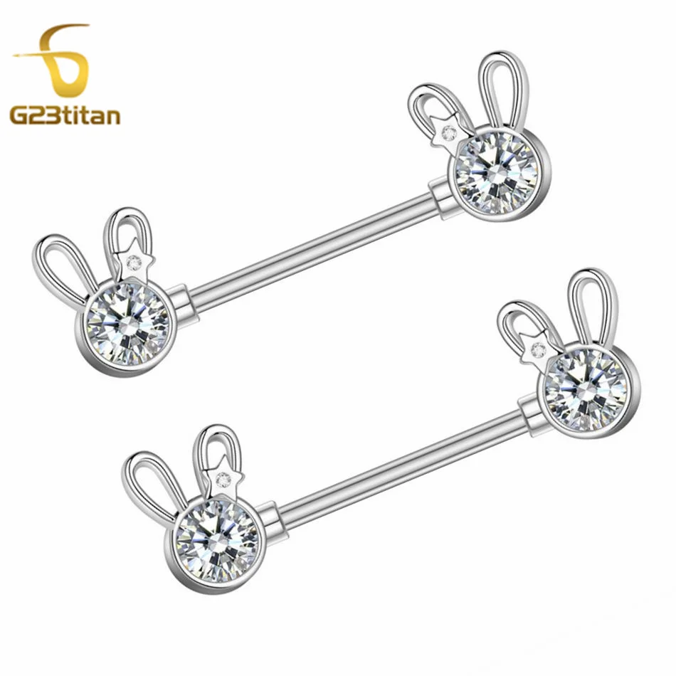 2pcs 14G Cute Rabbit Nipple Rings Stainless Steel or Titanium Silver Color Zircon Crystal Barbell Body Piercings Jewelry Gifts