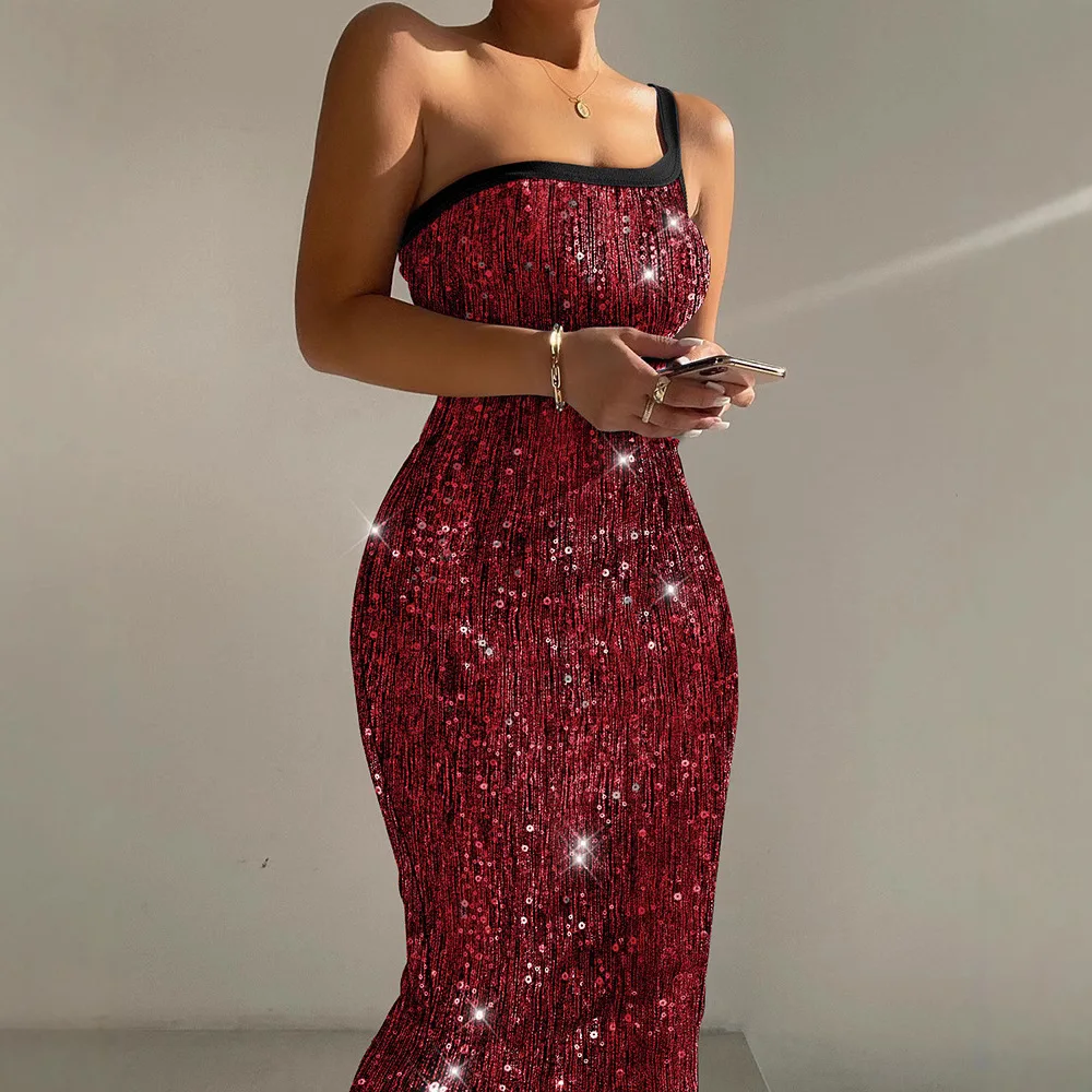 Vrouwen sexy slanke glitter lyrex een schouder spaghetti slim fit bodycon allover pailletten midi avondjurk