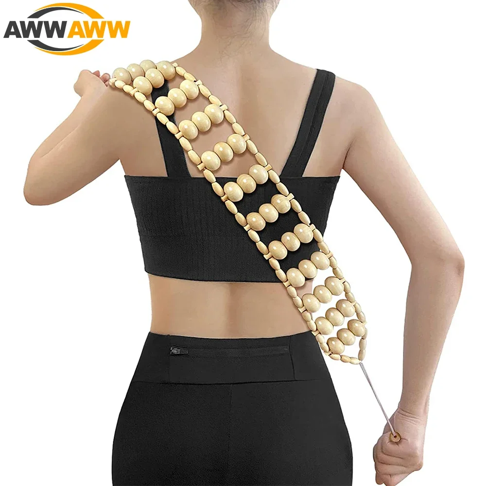 Wood Back Massager Roller Rope Manual Massage Strap for Back, Neck, Shoulder, Leg, Waist Pain Relief,Anti Cellulite,Body Shaping