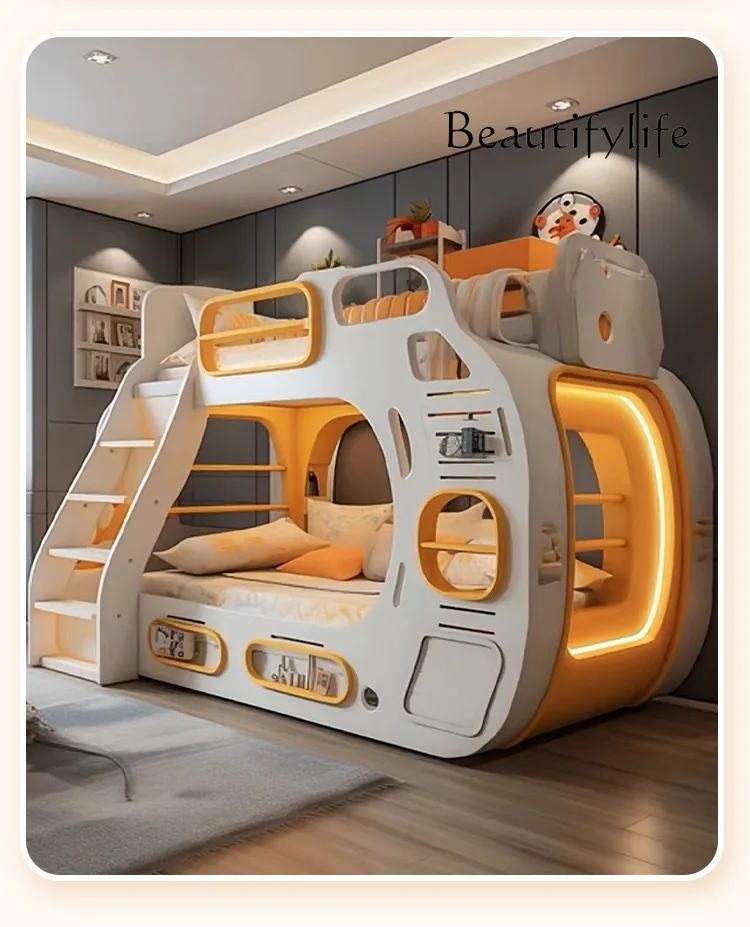 Room Whole house custom bed with lighting effect Full solid wood upper and lower beds Bunk beds Princess room