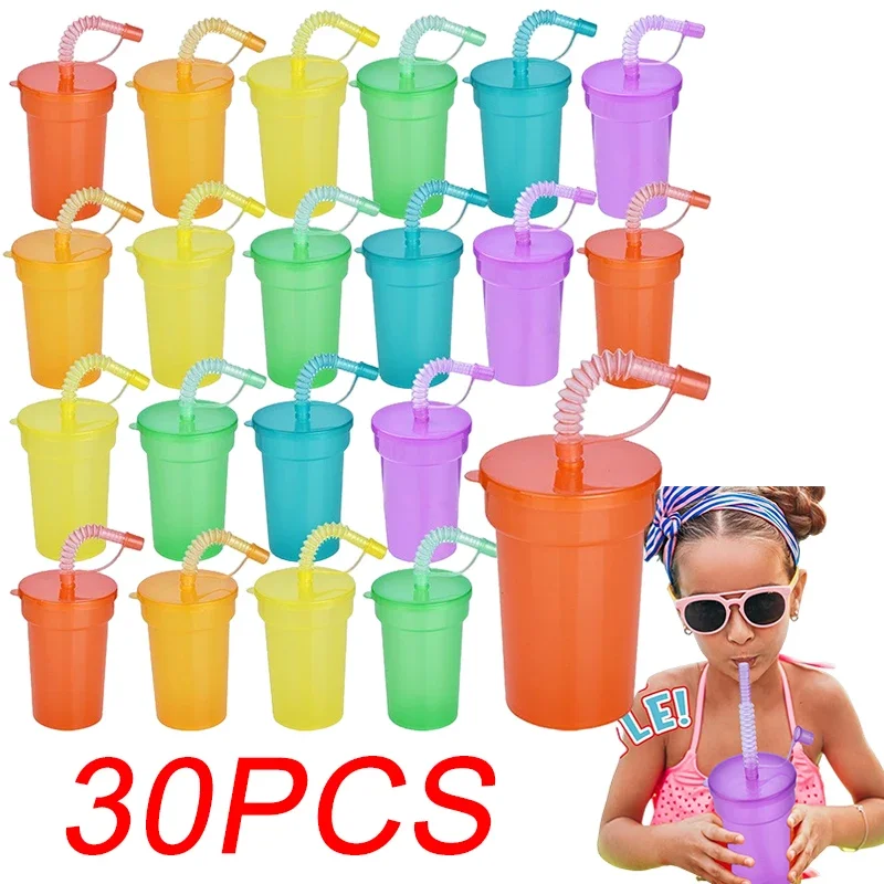 30PCS Neon Sipper Cups - Colorful, Spill-Proof Cups with Lids and Straws - Ideal for School Events, Themed Parties, and Birthda