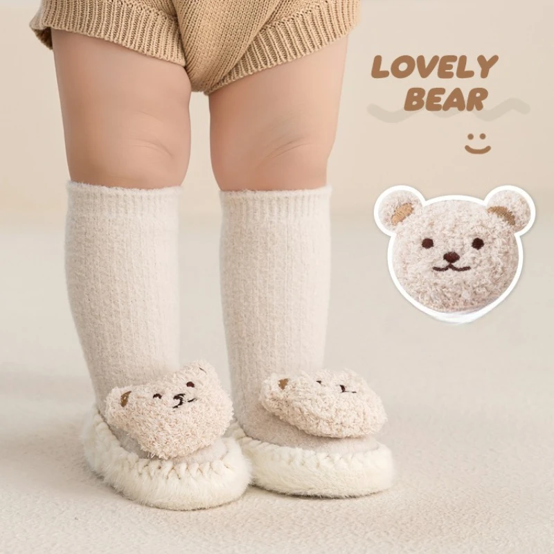 

Winter Baby Socks Shoes Set Non-Slip Sole Booties for Infants Cute Cartoon Bear Thermal Toddler Crew Soc Indoor Floor Shoes