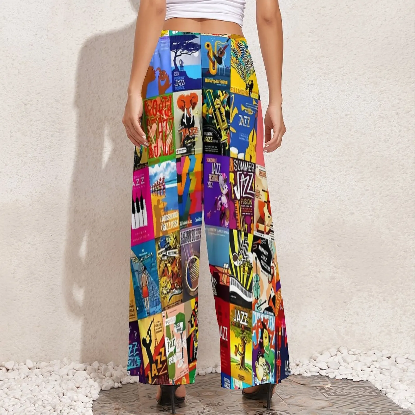 Collage of Jazz Festivals Pants Womens Music Band Print Street Style Trousers High Waisted Modern Wide Leg Pants Gift