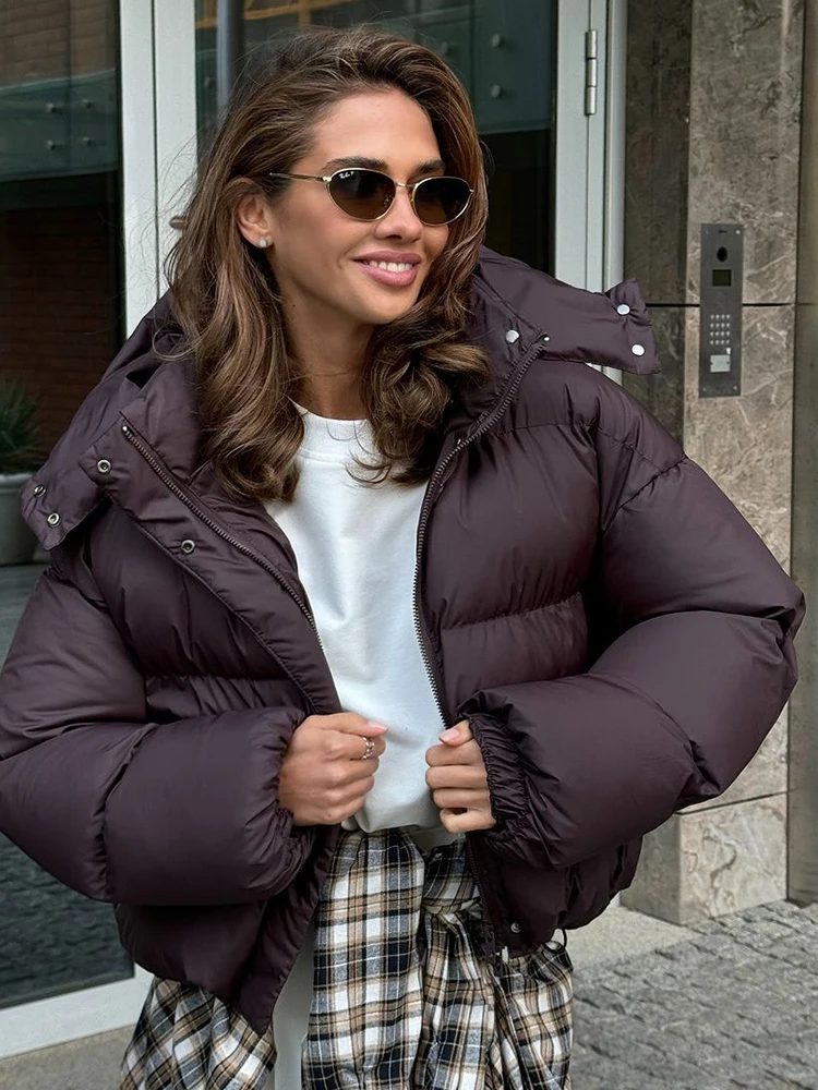 Brown Hooded Short Cotton Coat Women Casual Stand Collar Long Sleeve Zipper Single Breasted Loose Coats Lady Winter Street Wear