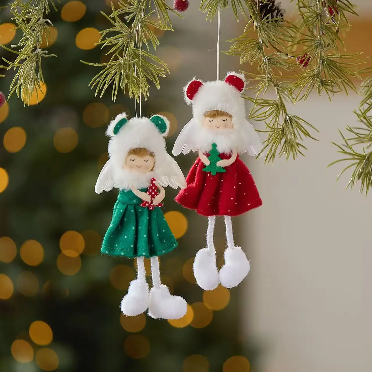 

Cute Red Green Angel Girl Ornaments for Christmas Tree Decorations Novelty Fabric Elf Pendants Kids Bedroom Decor Xmas Gifts