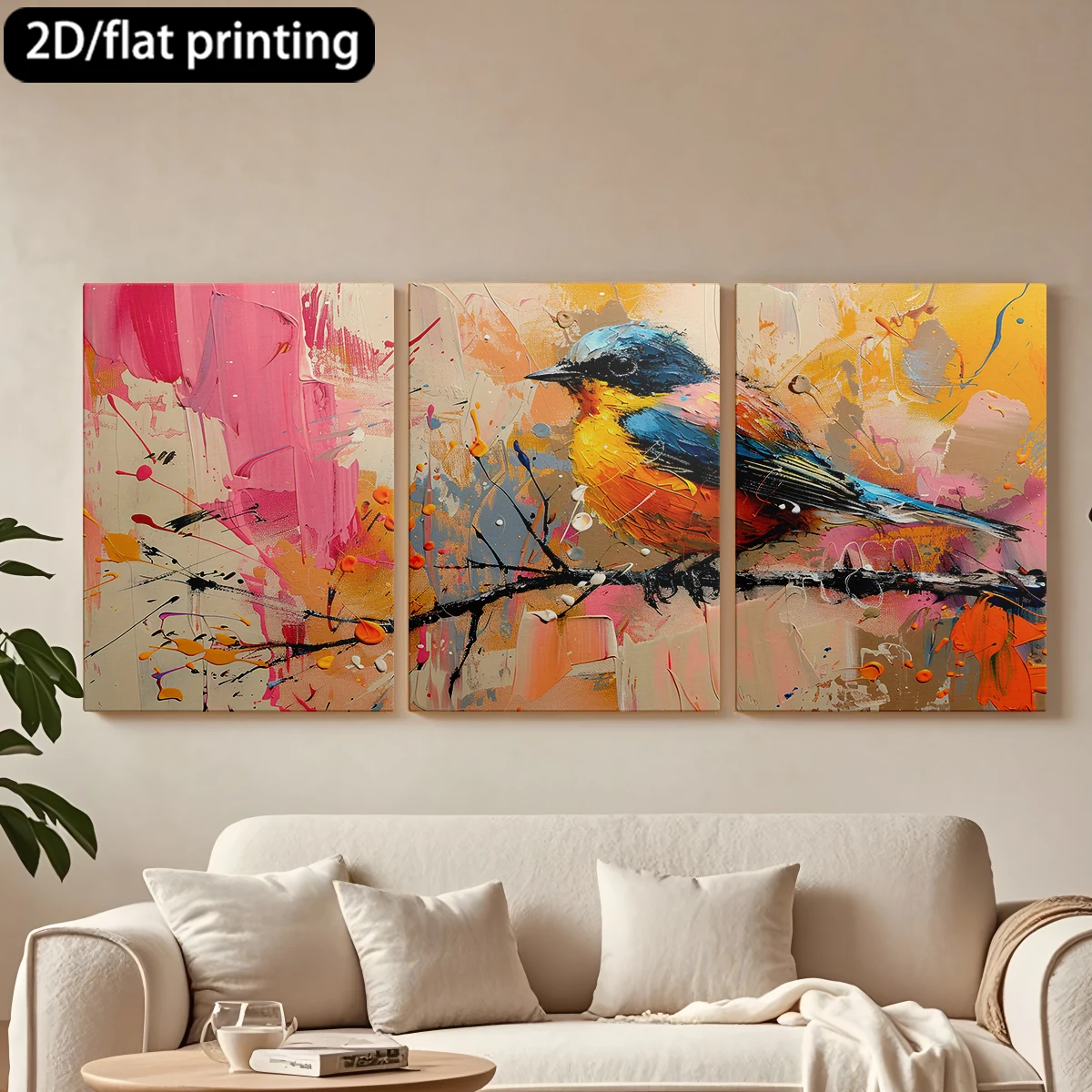 

3pc wooden frame canvas decorative paintingVibrant abstract-painted bird, branch.Corridor bedroom decoration