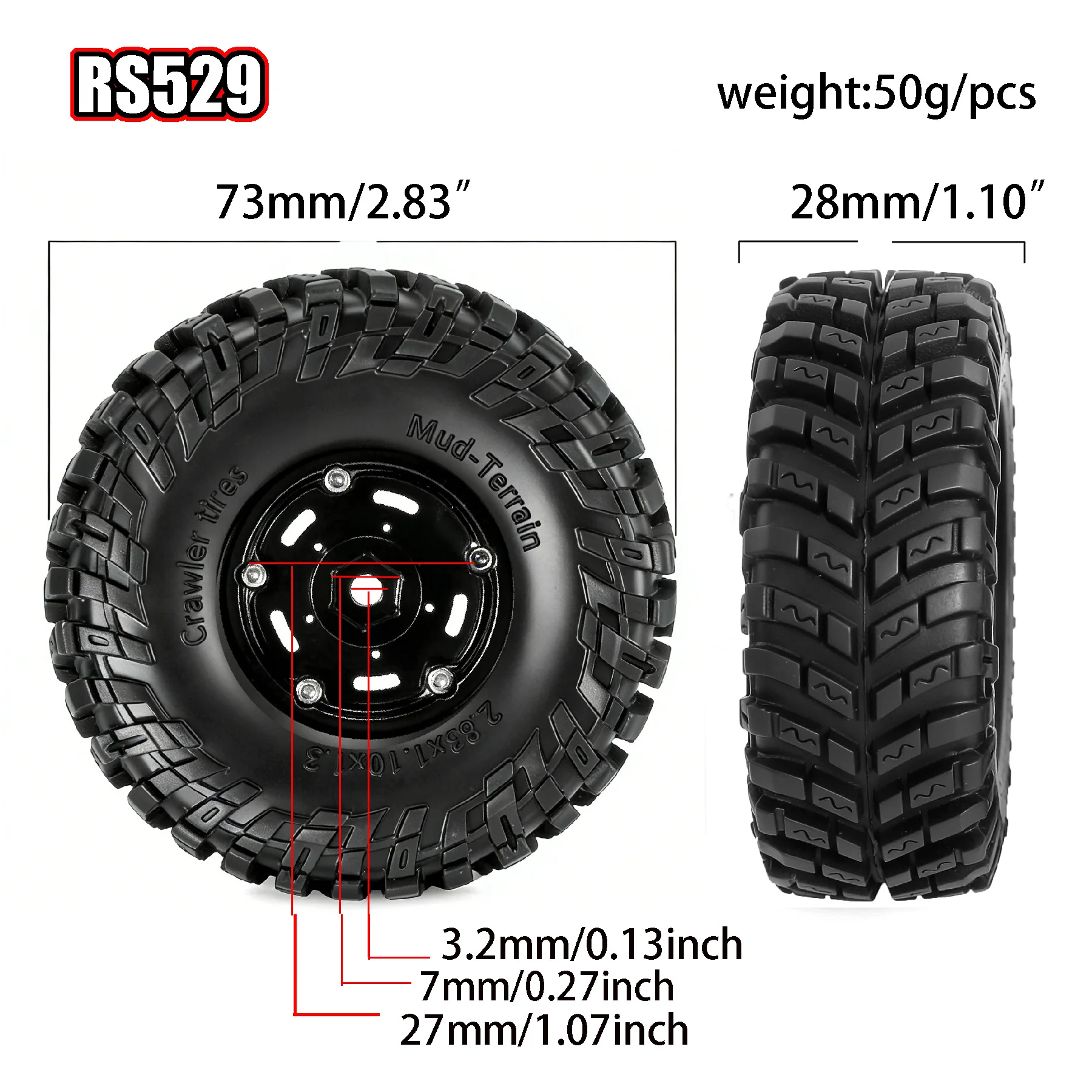 RED SPIDER 4Pcs 1.3 Inch Beadlock Wheel Rim Tire Outer diameter 2.83 In for 1/24 FMS24 Axial SCX24 1/18 Traxxas TRX4M RC Crawler