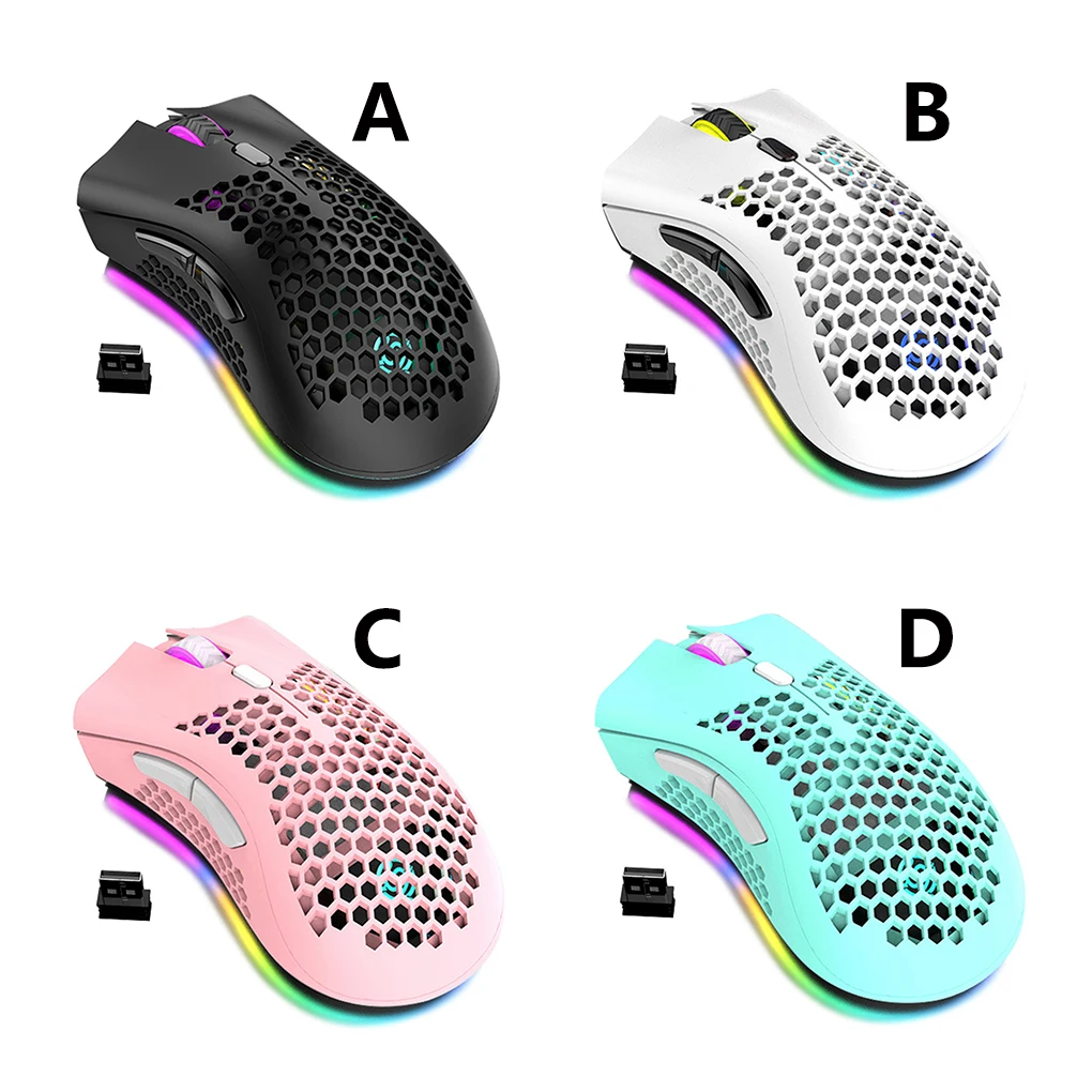 Gaming Mouse Wireless Hollow Game Mouse Adjustable Rechargeable Computer Accessory with RGB Light, Pink