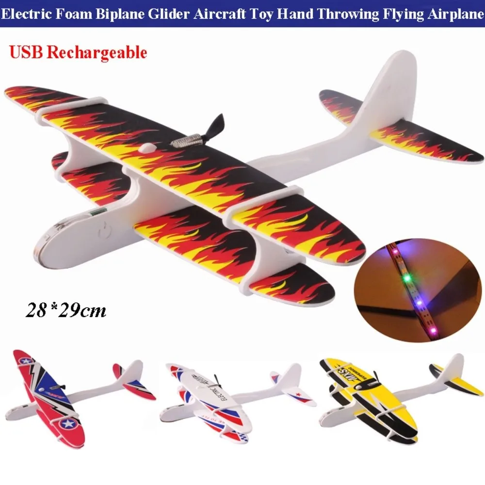 

USB Rechargeable Electric Large Foam Biplane Glider PP 28*29cm Hand Throwing Flying Airplane with LED Light Flight Glider