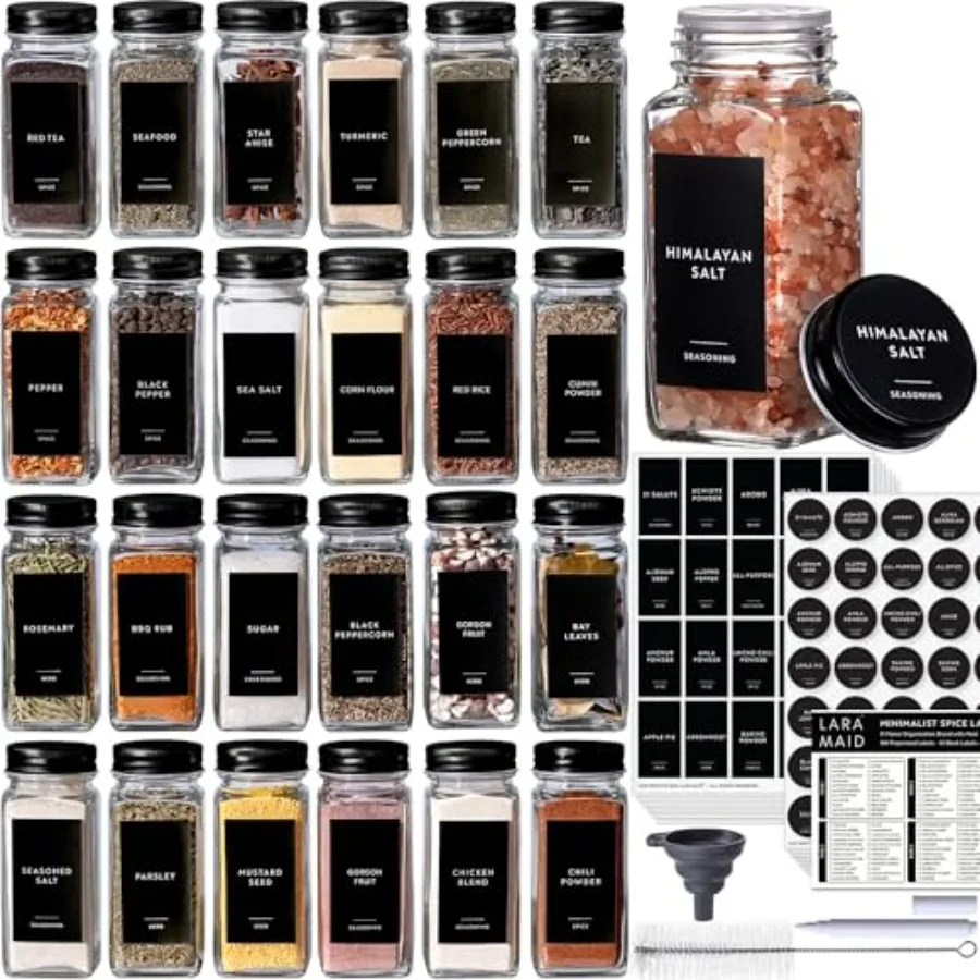 

Laramaid 4oz 48Pack Glass Jars with 459 Minimalist Black Vinyl Spice Labels Shaker Lids Dispenser with Airtight Black Metal Cap
