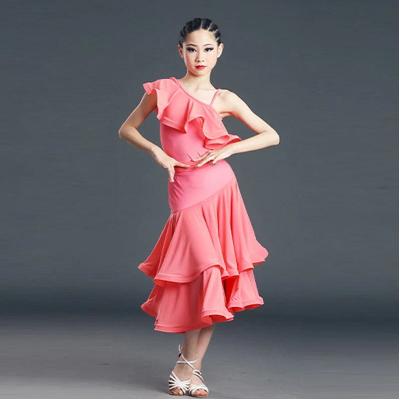 

Summer Ballroom Dance Dress Girls Oblique Shoulder Bodysuit Skirt Waltz Competition Suit Tango Performance Costume VDB5664