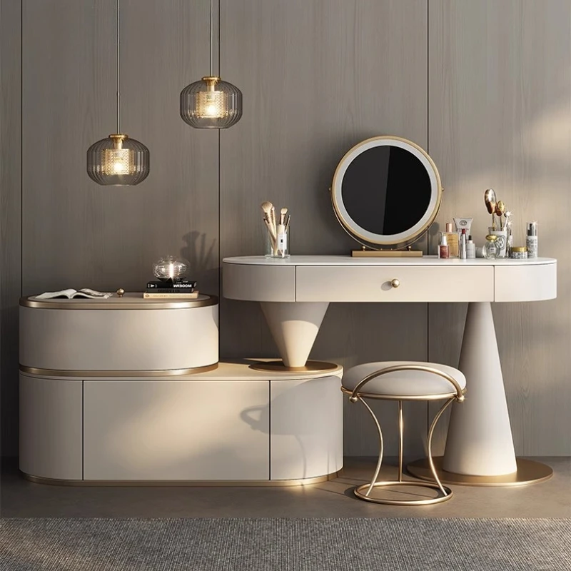 Luxury leather Toiletries Makeup vanity illuminated makeup dressing table dressers desk dresser with mirror Bedroom furniture