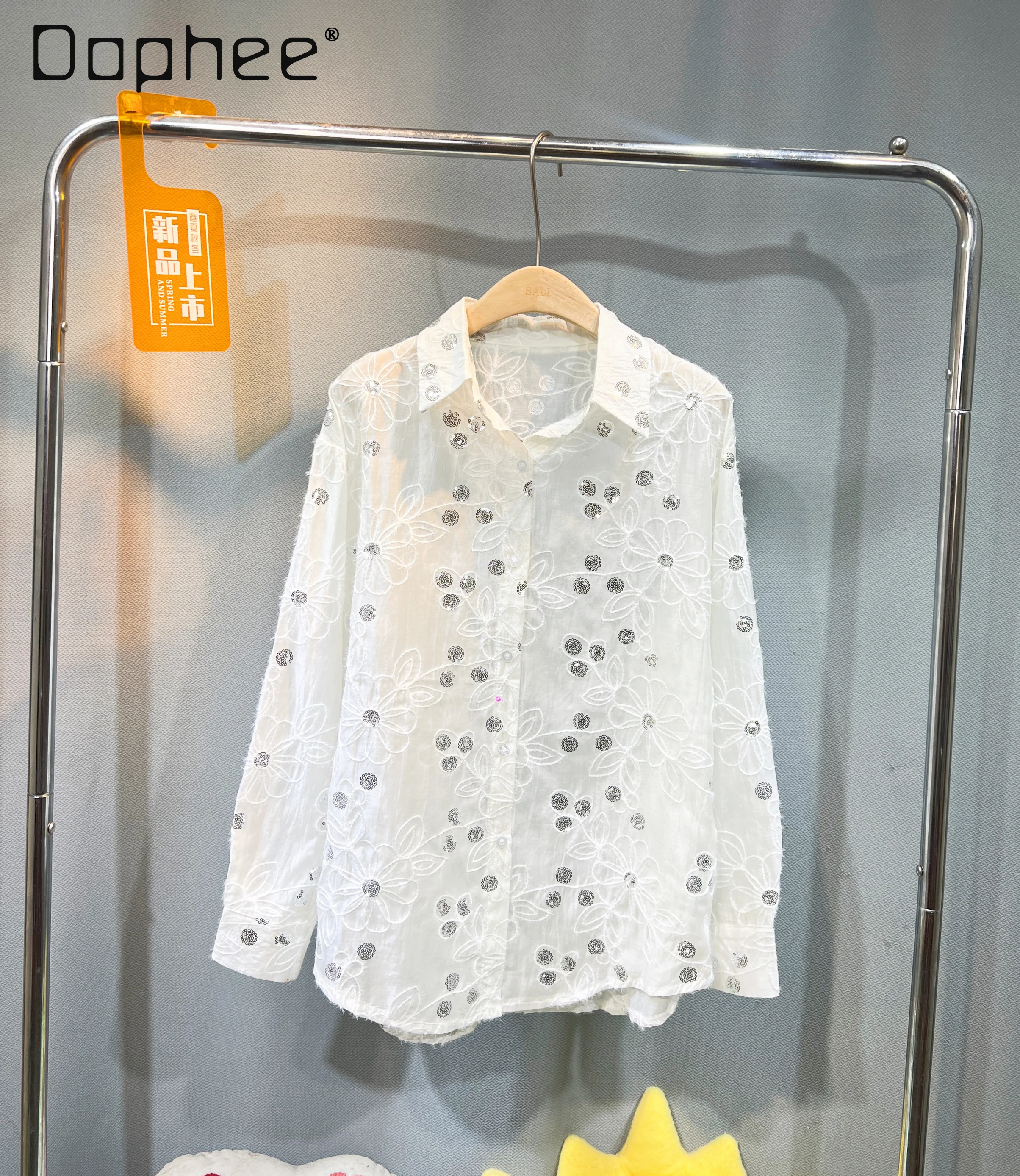 Heavy Industry Embroidered Shirt Women Fashion Sequins Loose Mid-length Versatile Temperament Top Summer Thin Long-sleeved Shirt