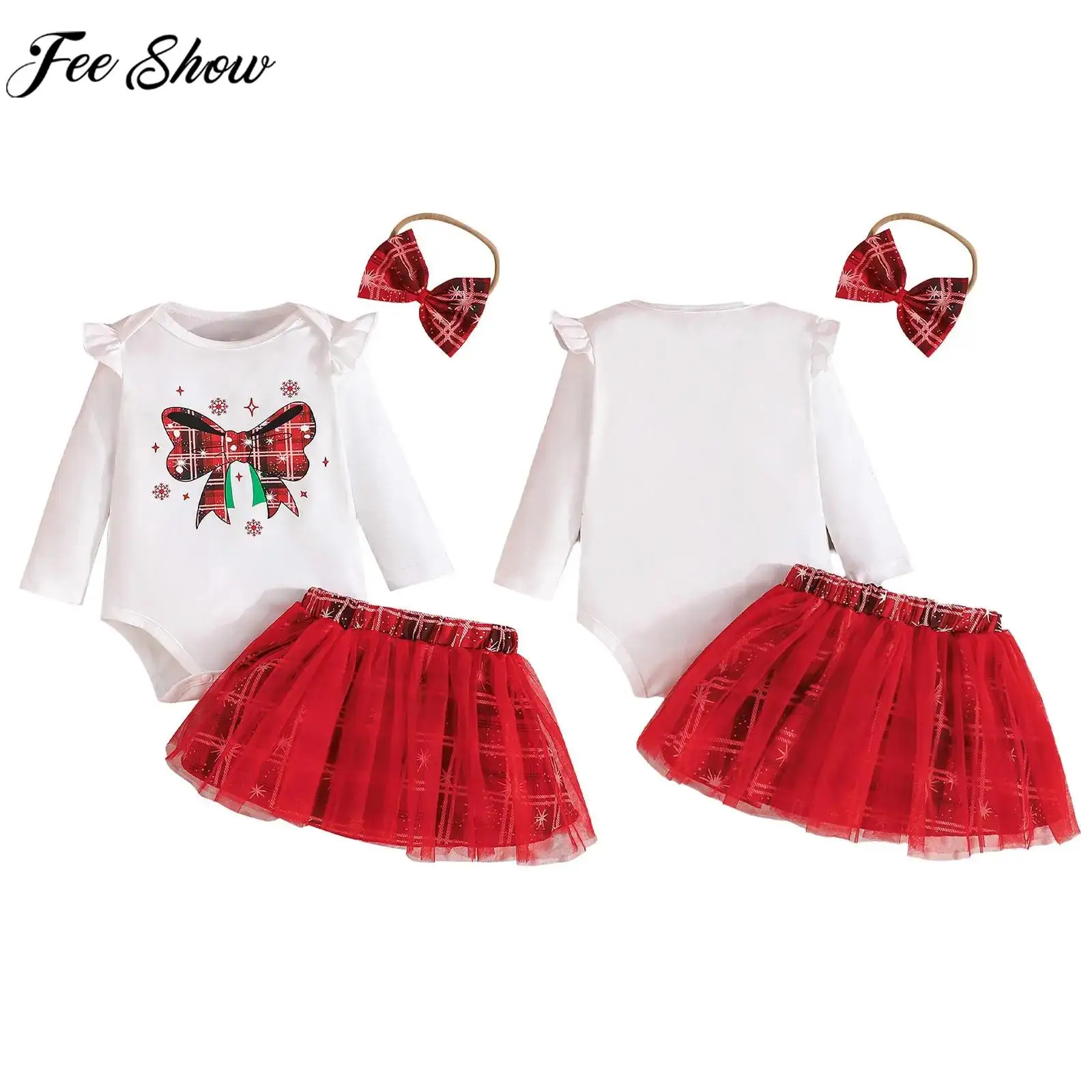 

Toddler Baby Girls Christmas Party Outfit Long Sleeve Bow Print Romper with Plaid Mesh Tutu Skirt Headband for Xmas New Year