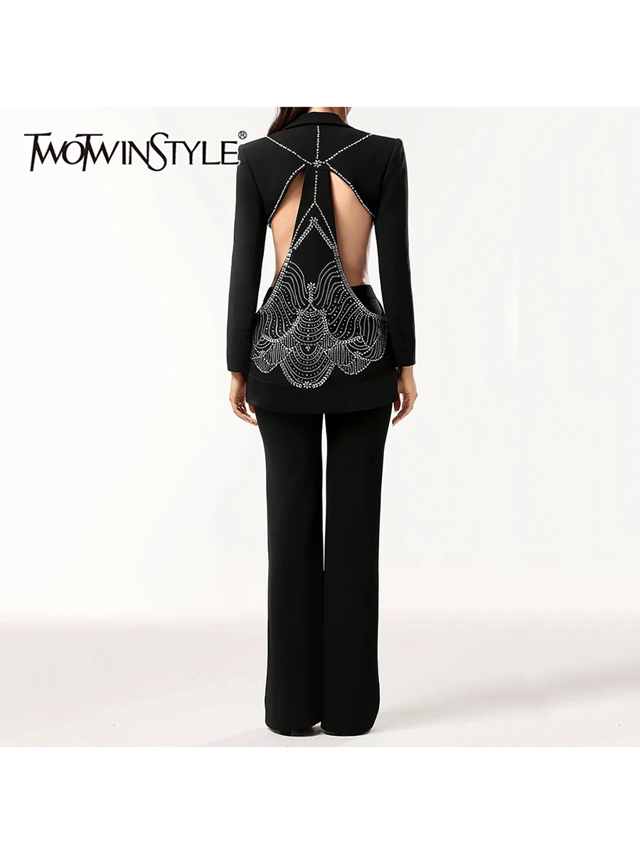 

TWOTWINSTYLE однотонные сращенные комплекты из двух предметов для женщин с лацканами и длинными рукавами, ажурный топ, брюки с высокой талией, элегантный женский комплект