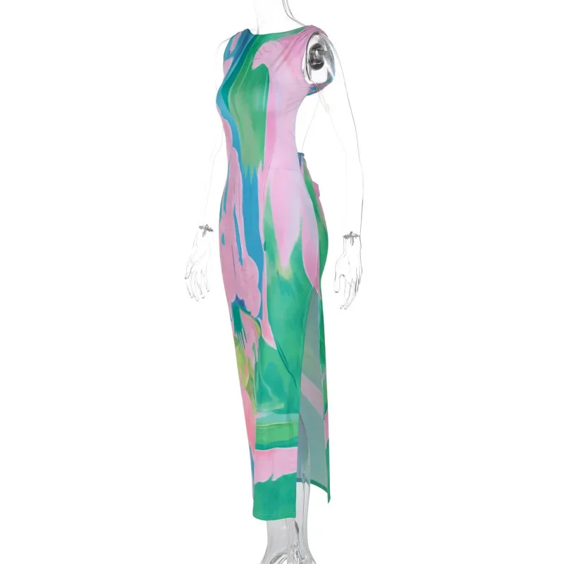 Tie Dye Print Summer Sexy Backless Party Club Birthday Maxi Split Dress Women Y2K Streetwear Sleeveless Bodycon Beach Sundress