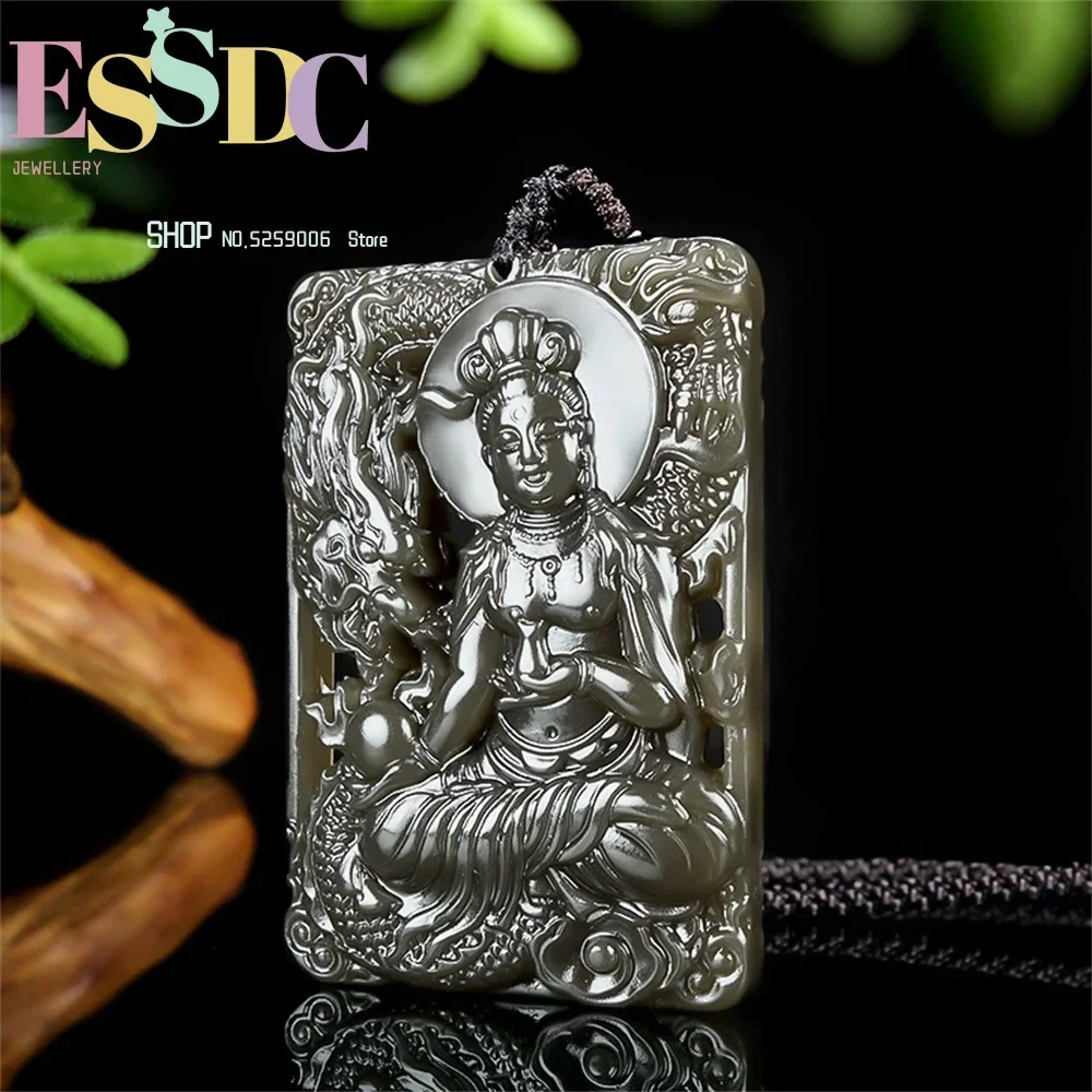 Natural Hotan Jade Double Sided Sculpture Dragon Subduing Avalokitesvara Hollow Pendant Male Ethnic Style Versatile Gift