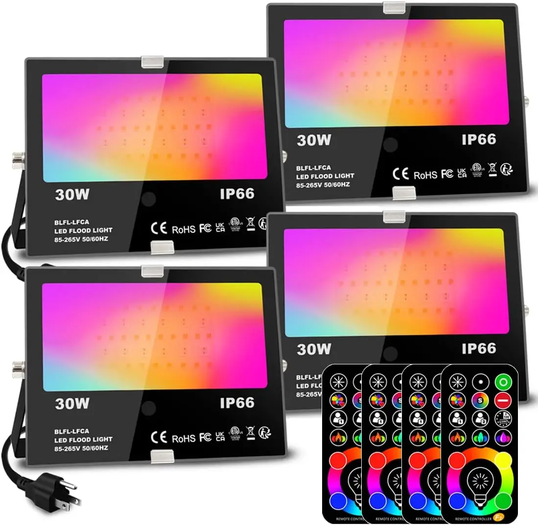 

30W RGB Color Changing Outdoor Flood Light, 120 Colors with Remote, Warm White 2700K, IP66 Waterproof (4 Pack)
