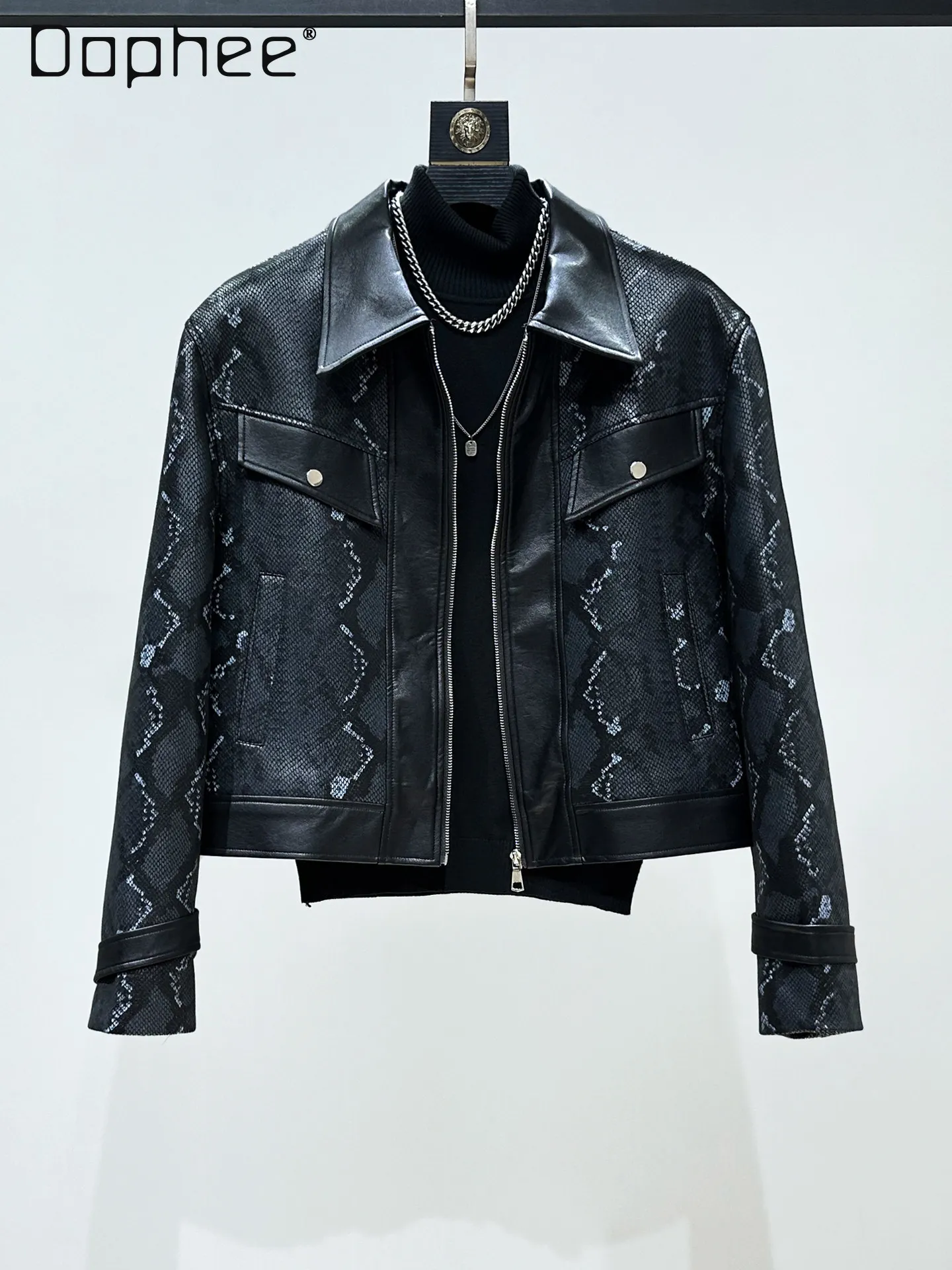 2026 Spring and Autumn Dark Street Locomotive Style Men's Snake Pattern Loose Casual Short Black Pu Leather Jacket