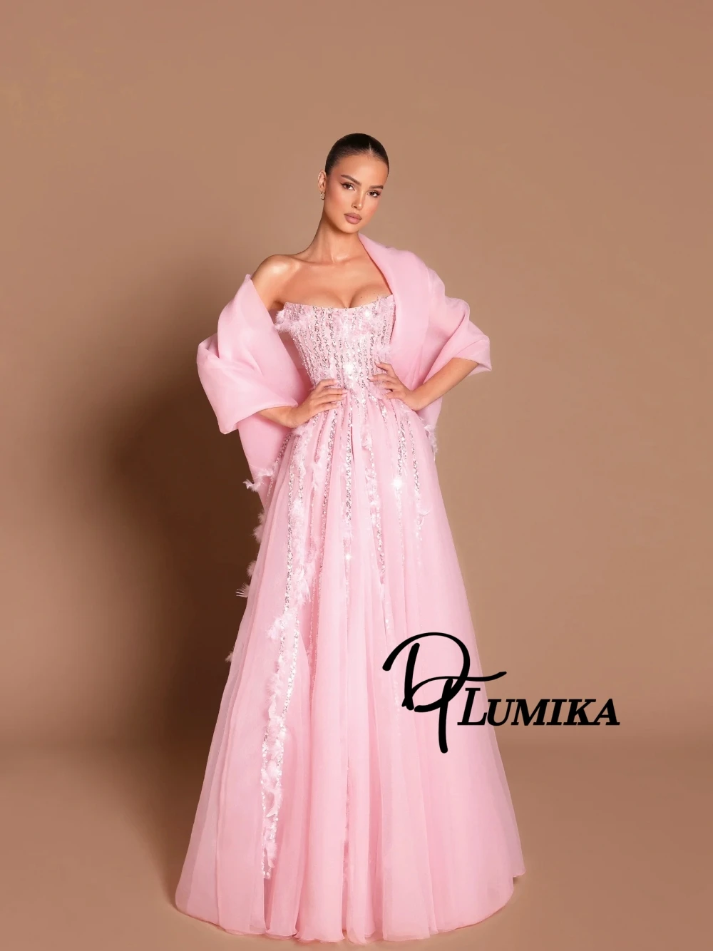 

Розовое вечернее платье без бретелек с перьями и накидкой, элегантное трапециевидное блестящее коктейльное платье по индивидуальному заказу, эффектная одежда для торжественных мероприятий
