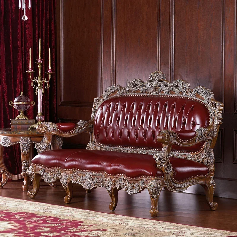 Italy high-end all solid wood leather combination large apartment carved to do old leather sofa villa furniture