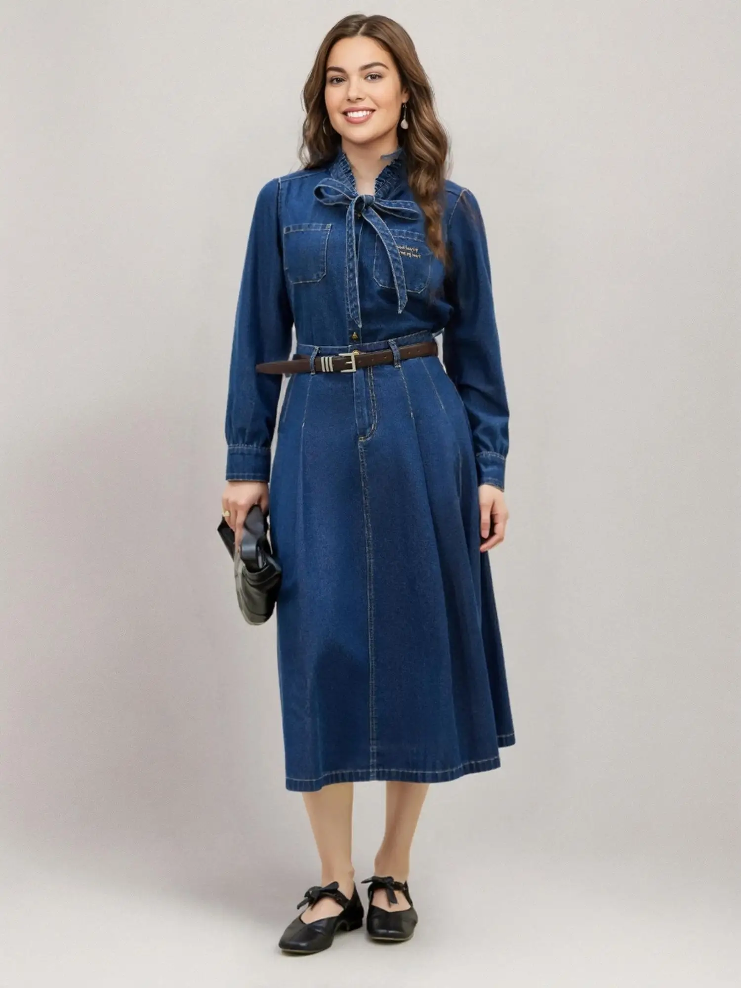 DUSHU Plus Size Vintage Style Denim Shirt Long Skirt Suit for Women 2025 Spring New Design Elegant Unique Top High Waist Skirt