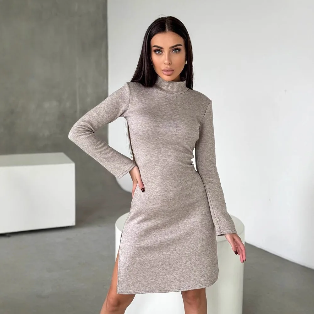 Europeu e americano sexy de alta qualidade vestido de cor sólida hepburn vento menina de gola alta de manga comprida magro saia longa vestido feminino