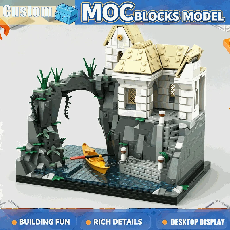 1443PCS Cliffside Mediterranean Villa Model Building Block Custom Seaside Architecture Diorama Creative Educational Display Gift