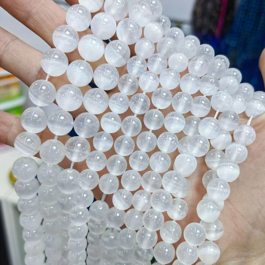 6/8/10mm White Selenite Round bead string, Natural Round Semi Precious Stone Smooth White Selenite bead, for making DIY jewelry