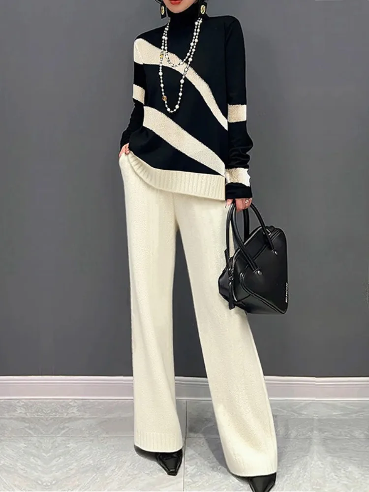 Yeezzi Women's High Waisted Knitted Wide Leg Pants Loose Solid Color Autumn Winter Casual Fashion Full-length Trousers Bottoms