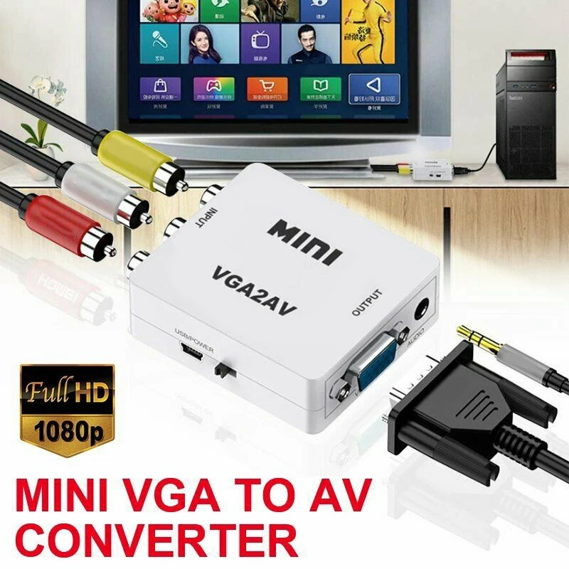 อะแดปเตอร์เครื่องแปลงขนาดมินิ VGA เป็น AV รองรับตัวแปลง VGA2AV 1080P พีซีไปยังทีวี HD คอมพิวเตอร์ไปยังทีวี