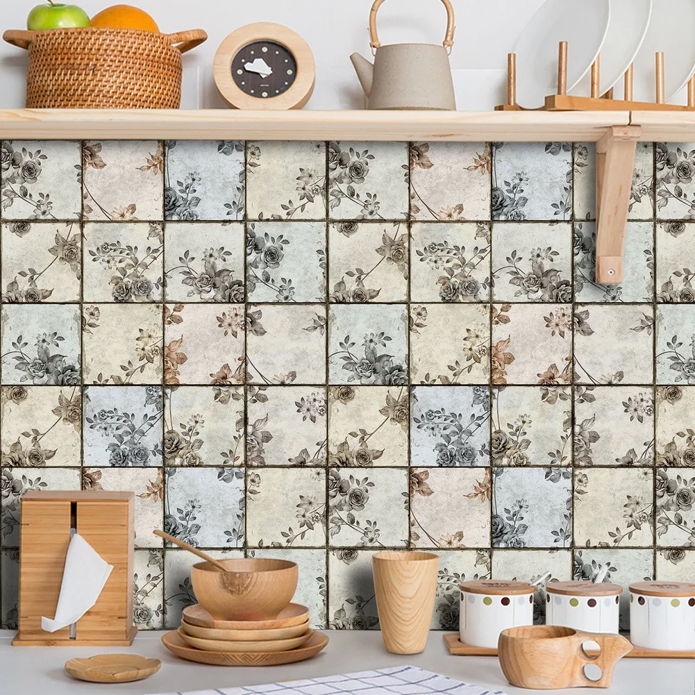 European Style for beige Floral PVC Wall Decals Waterproof On for Kitchen Bathroom Living Room Bedroom 10x10 15x15 20x20cm