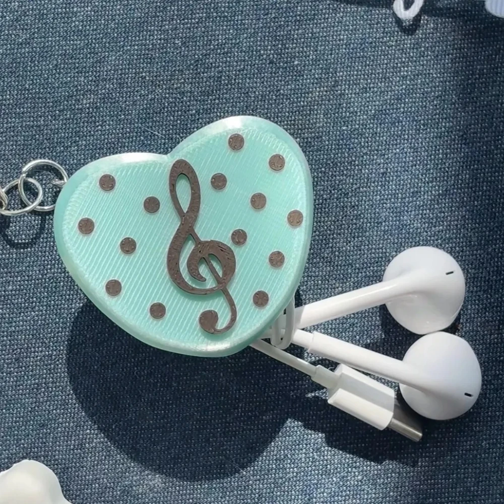 Musical Note Heart Shape 3D Printed Cord Organizer Pendant Keychain Portable Storage Bag for Earphone Data Cable Arrangement