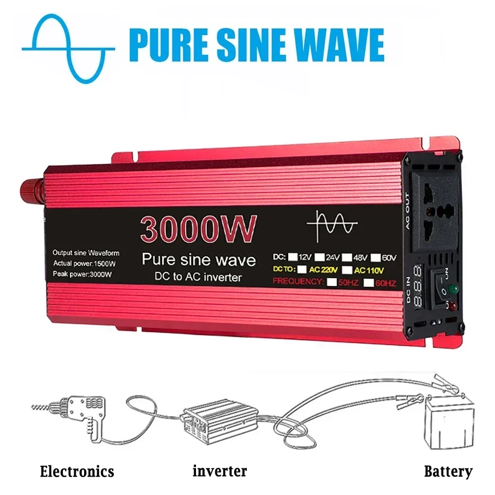 Pure Sine Wave Universal Car Power Inverter DC 12V to 220V 50Hz Off Grid Voltage Transformer Universal Sockets 3000W