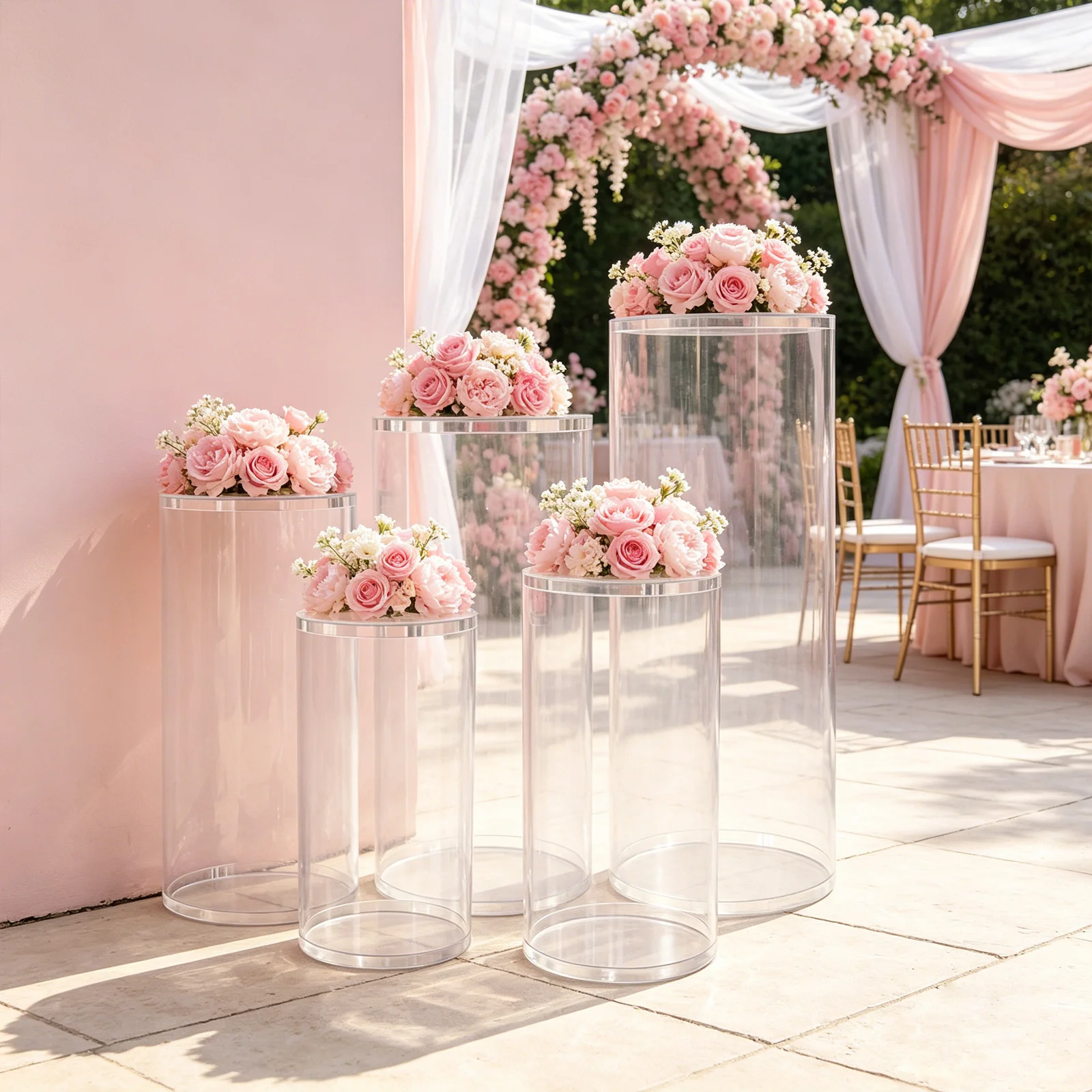 5 Pack Clear Cylinder Pedestal Stands, PVC 5 Sizes Display Column, Display Rack With Stackable Detachable Base & Round Top Cover For Wedding Birthday Party Dessert Flower Cake Display Store Window Decor