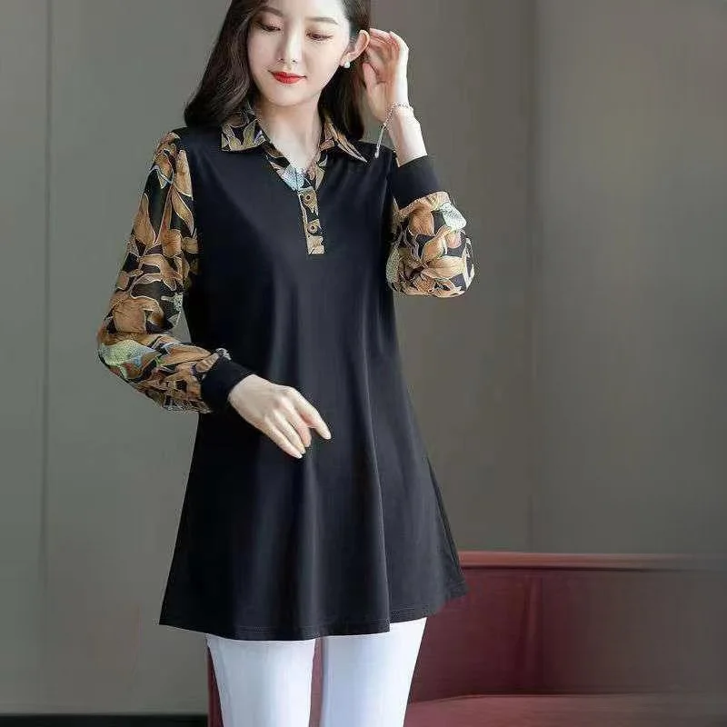 

plus Size Women's Autumn New Style Chiffon Long Sleeve Mommy Clothes 200 Pounds Mid-Length Extra Large plus Size Top Belly Cover