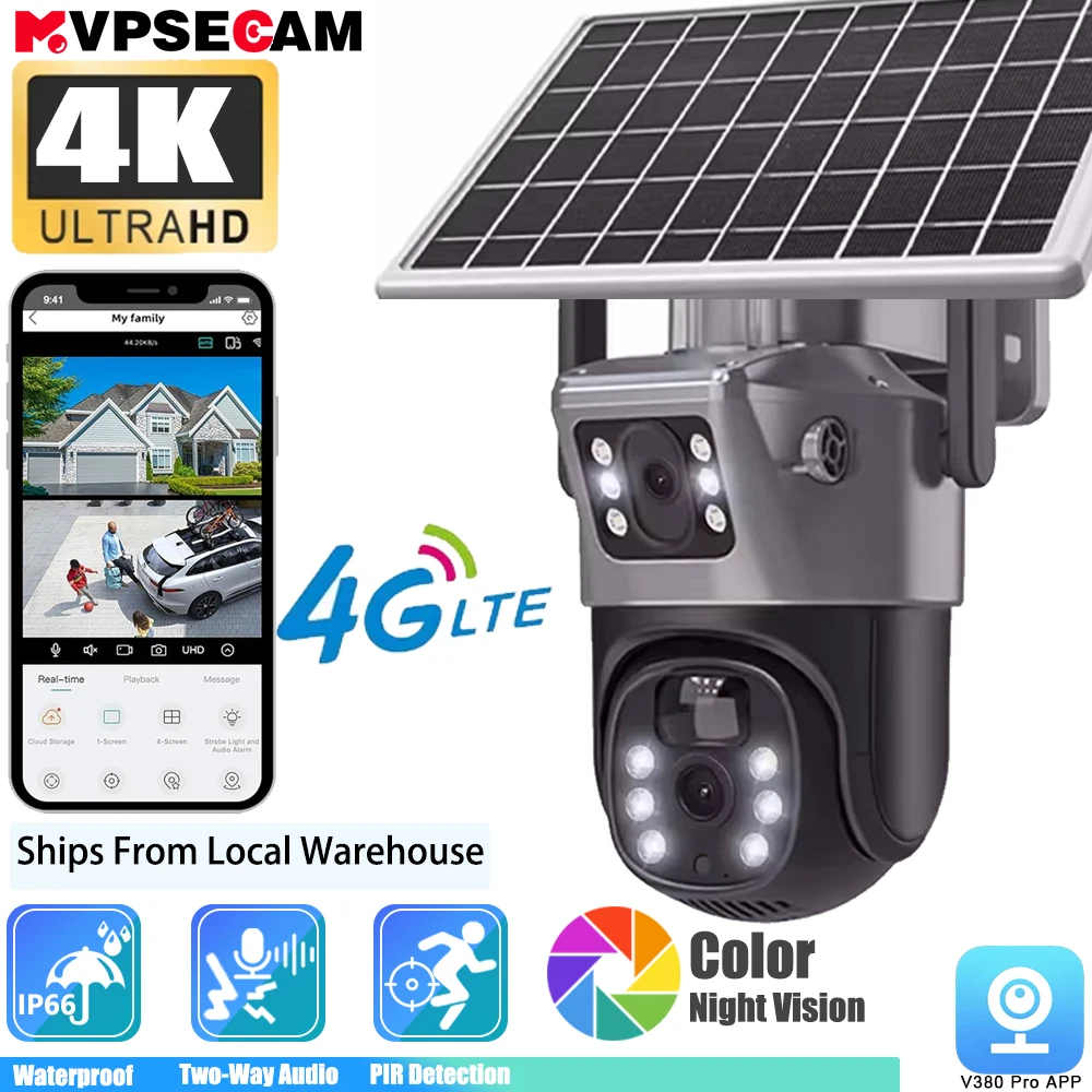 V380 Pro 8MP 4K double objectif 4G carte Sim solaire extérieur double écran Audio bidirectionnel PIR détection de mouvement sécurité CCTV PTZ caméra IP