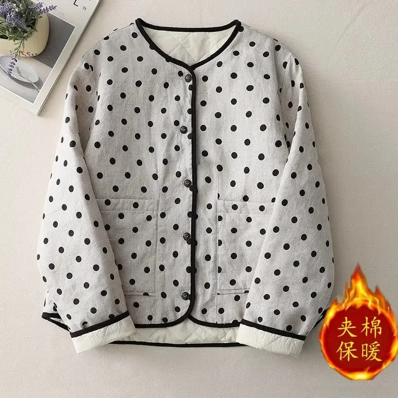 

Retro Cotton And Linen Jacket Short Women Autumn Winter New Loose Casual Warm Quilted Coat Dot Printed Clothing JJ954