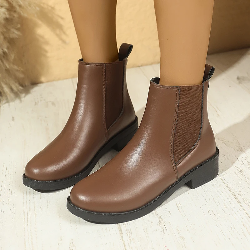 Rimocy Pu Leather Med Heel Chelsea Boots Women Round Toe Slip-On Ankle Boots Woman 2025 Black Brown Non-Slip Short Botas Mujer